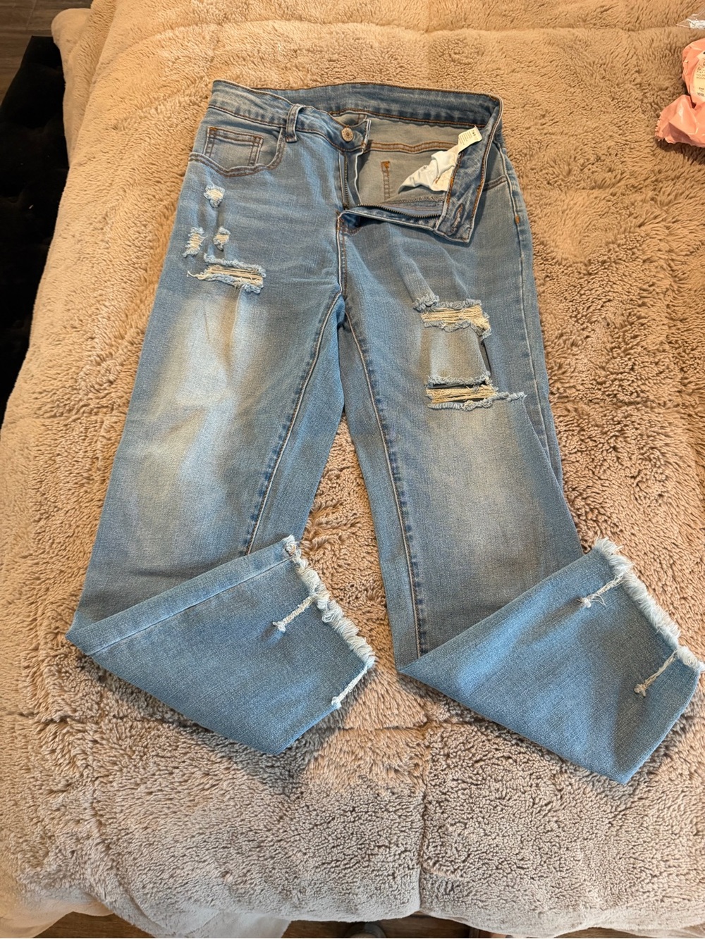 Women’s Light Blue Distressed Straight Leg Jeans